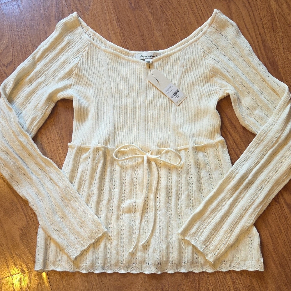 NWT Francesca's Collection Cream Ribbed Tie-Front Off-the-Shoulder Sweater LARGE